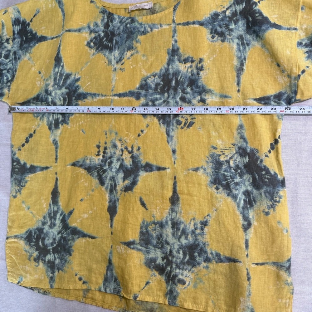 Bellambra Made in Italy 100% Linen Top Mustard Teal Shibori Print Womens Large - Picture 7 of 11